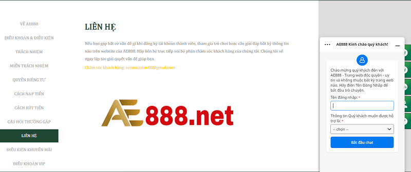Hình thức liên hệ AE888 tại website của nhà cái